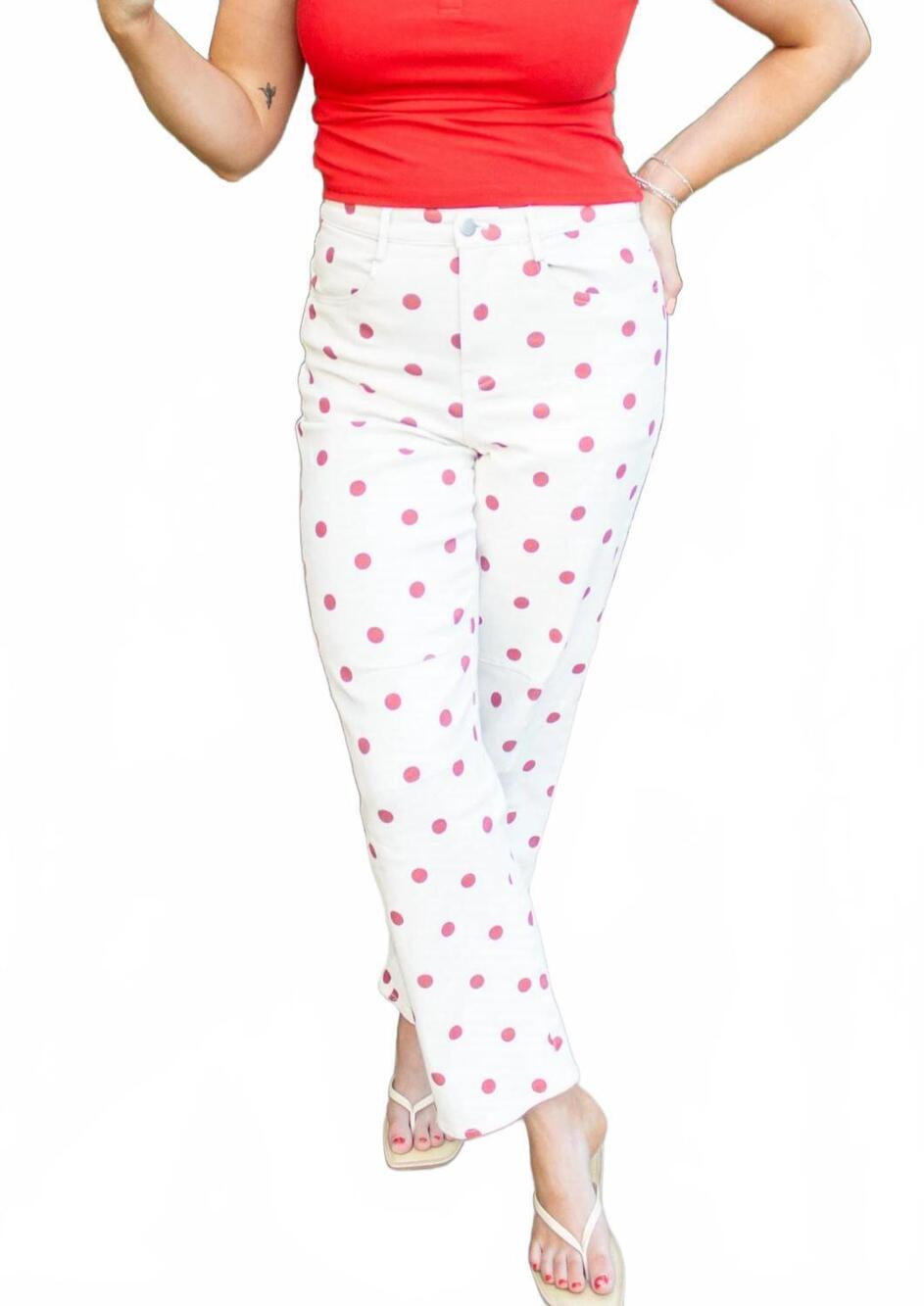 NEW SUNDAY EDITION high rise polka dot barrel cut jean in cream/red